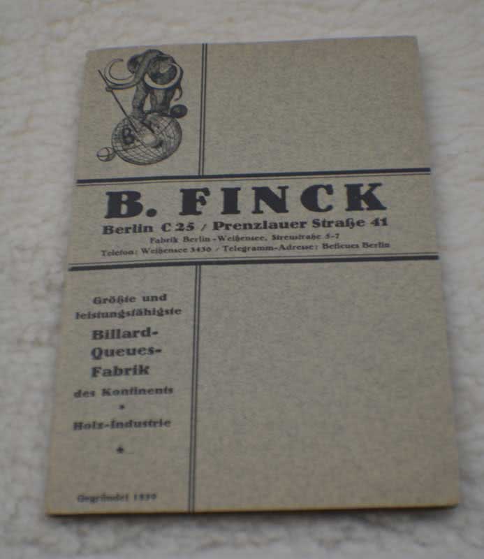 Antique B Finck Berlin Germany Pool Cue Catalog c1839