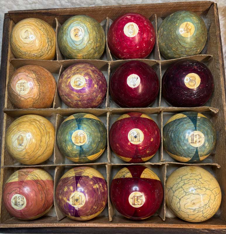 Rustic Pool Balls Antique Ivory Double Stripe Pool Ball Set c1880's